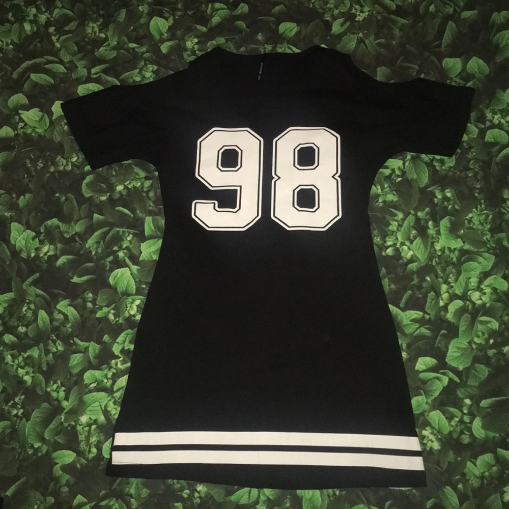 Black Varsity off the shoulder casual mini dress. - Picture 2 of 5